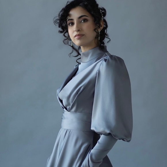 BLUE PUFF SLEEVE MODEST BALL GOWN - Picture 3 of 7